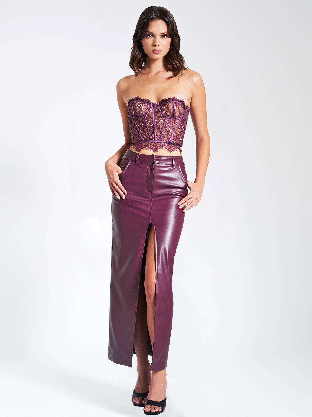 Noya Purple Front Charming Slit Vegan Leather Skirt