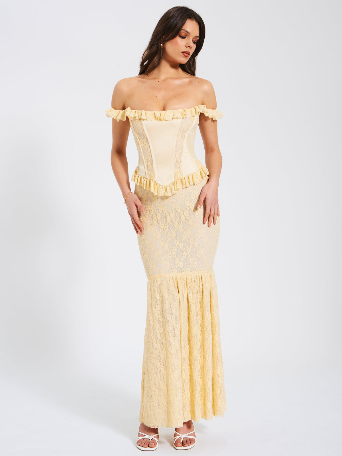Ersilia Pale Yellow Satin Lace Trendy Peplum Corset Off Shoulder Maxi Dress