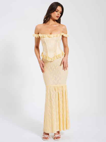 Ersilia Pale Yellow Satin Lace Trendy Peplum Corset Off Shoulder Maxi Dress