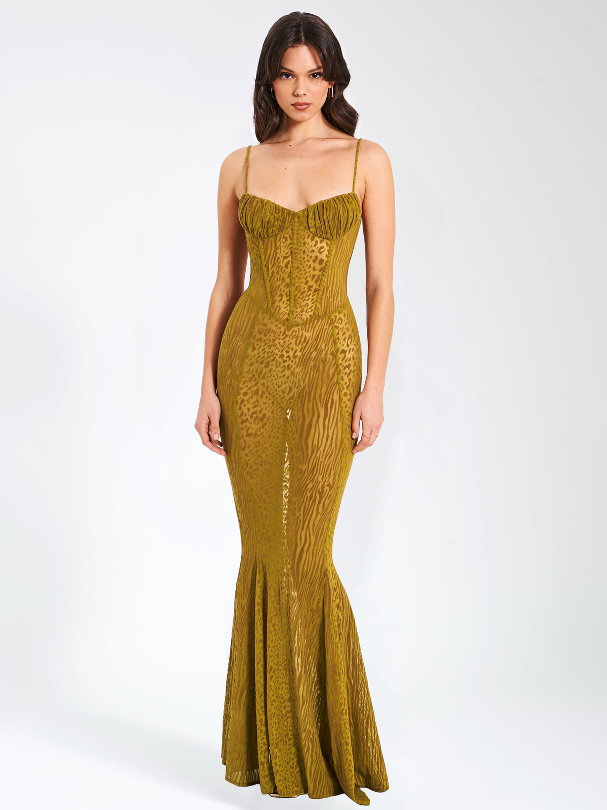 Ulani Gold Burnout Velvet Graceful Detail Mesh Maxi Dress