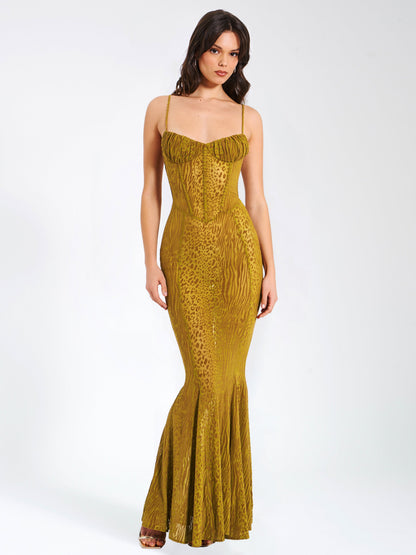 Ulani Gold Burnout Velvet Graceful Detail Mesh Maxi Dress