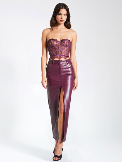 Noya Purple Front Charming Slit Vegan Leather Skirt
