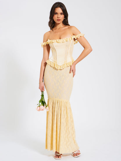 Ersilia Pale Yellow Satin Lace Trendy Peplum Corset Off Shoulder Maxi Dress