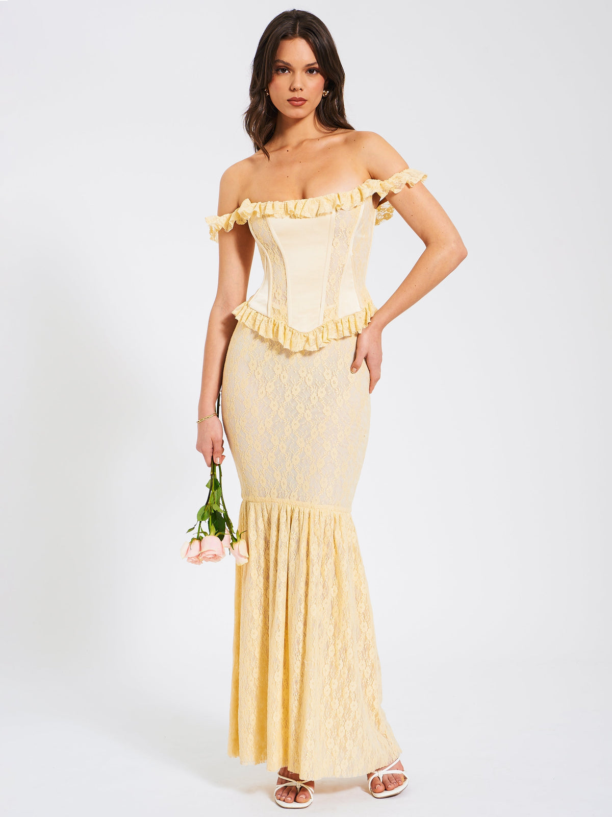 Ersilia Pale Yellow Satin Lace Trendy Peplum Corset Off Shoulder Maxi Dress