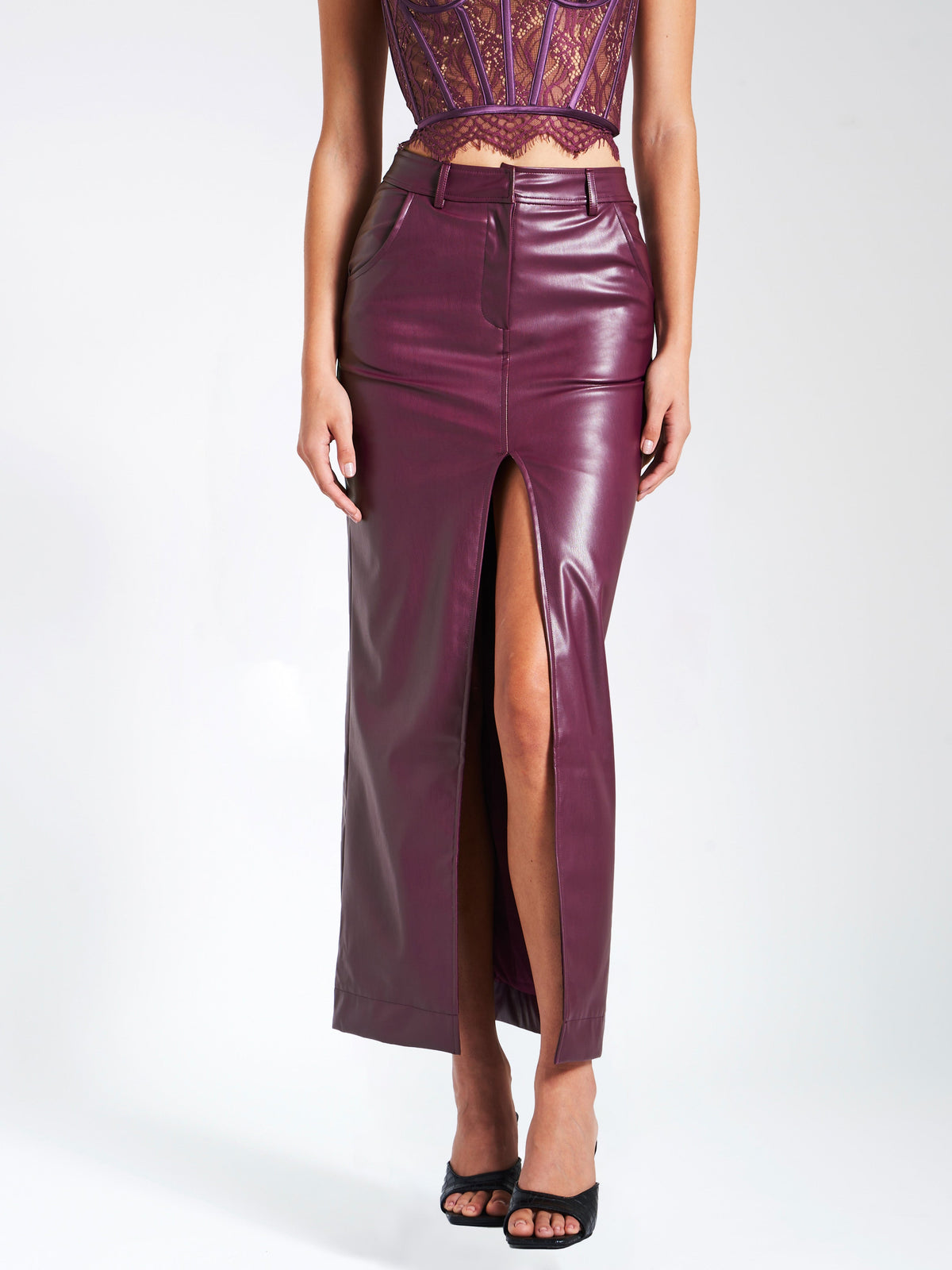 Noya Purple Front Charming Slit Vegan Leather Skirt