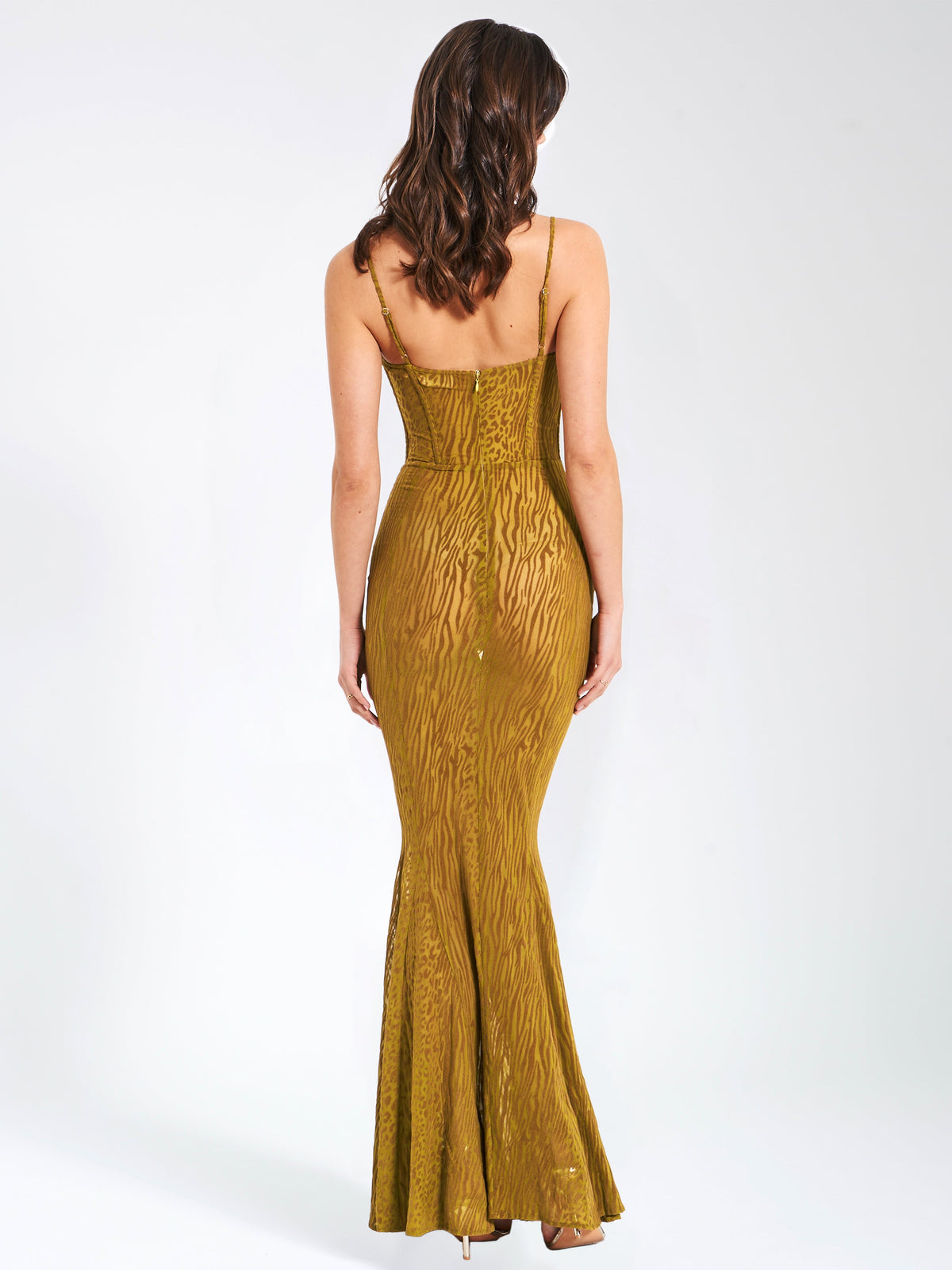 Ulani Gold Burnout Velvet Graceful Detail Mesh Maxi Dress