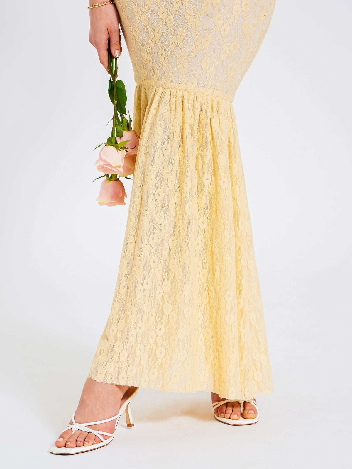 Ersilia Pale Yellow Satin Lace Trendy Peplum Corset Off Shoulder Maxi Dress