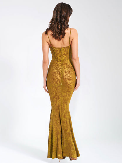 Ulani Gold Burnout Velvet Graceful Detail Mesh Maxi Dress