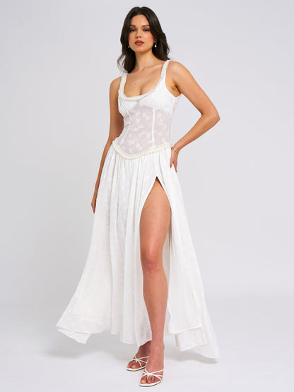 Ulissa White Square Neck Jacquard Trendy Textured High Slit Maxi Dress