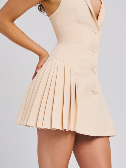 Reyna Beige Backless Charming Pleated Mini Blazer Dress