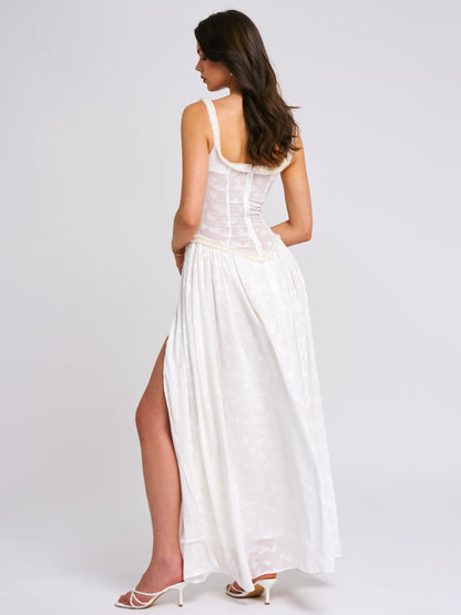 Ulissa White Square Neck Jacquard Trendy Textured High Slit Maxi Dress