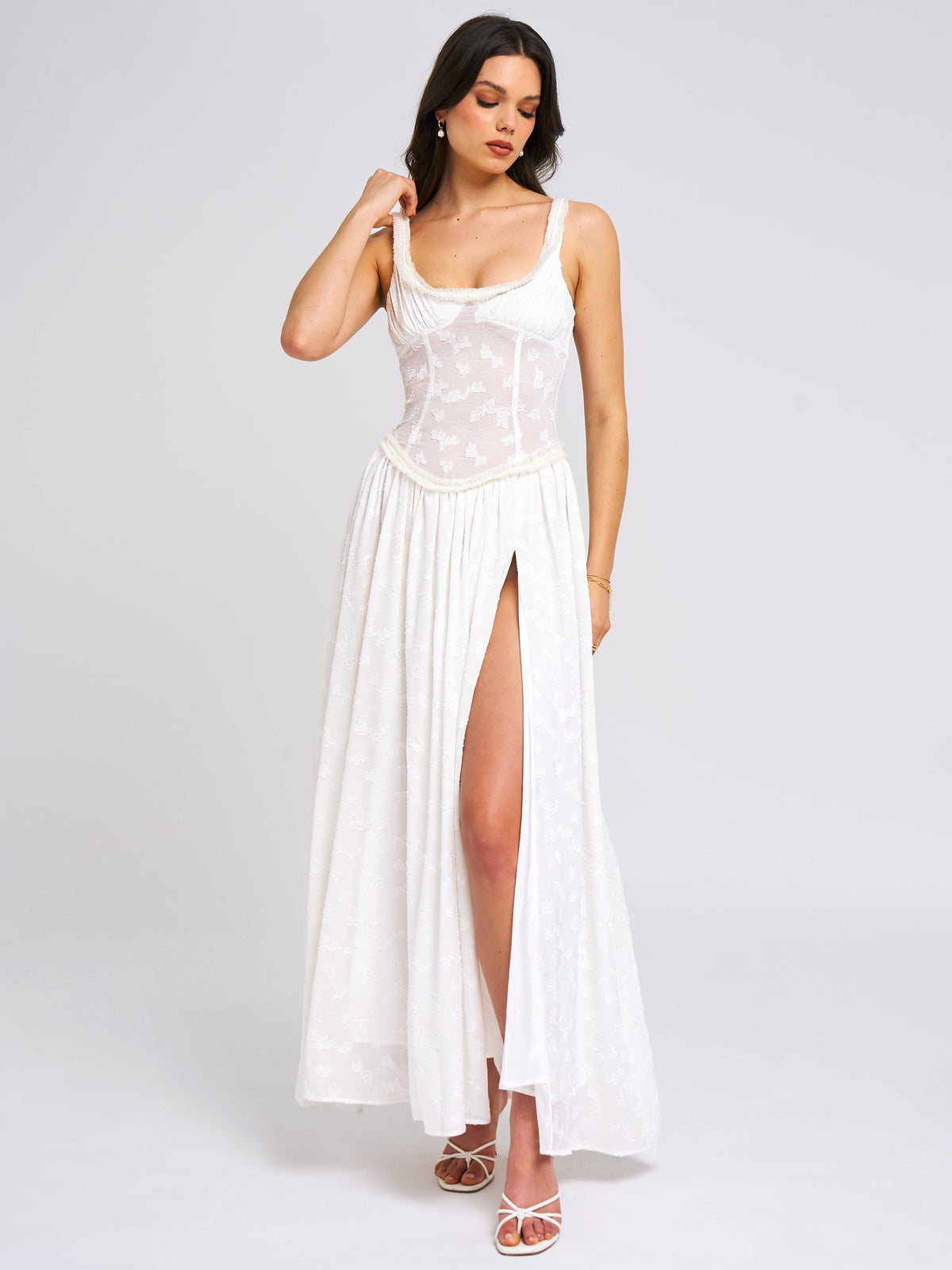 Ulissa White Square Neck Jacquard Trendy Textured High Slit Maxi Dress