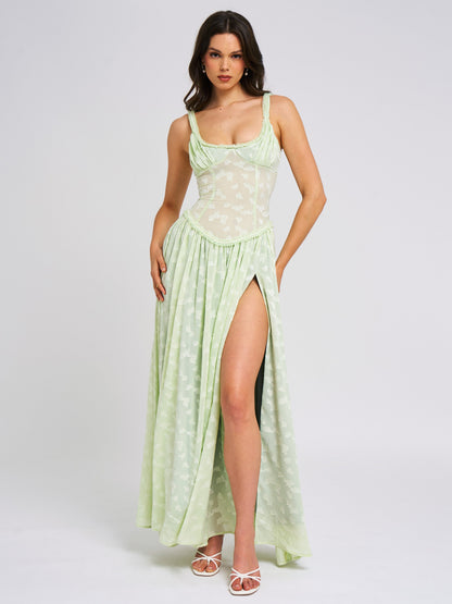 Ulissa Light Green Square Neck Trendy Jacquard Textured High Slit Maxi Dress