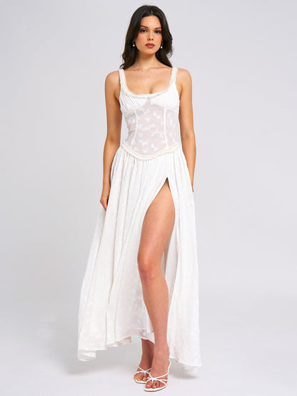 Ulissa White Square Neck Jacquard Trendy Textured High Slit Maxi Dress