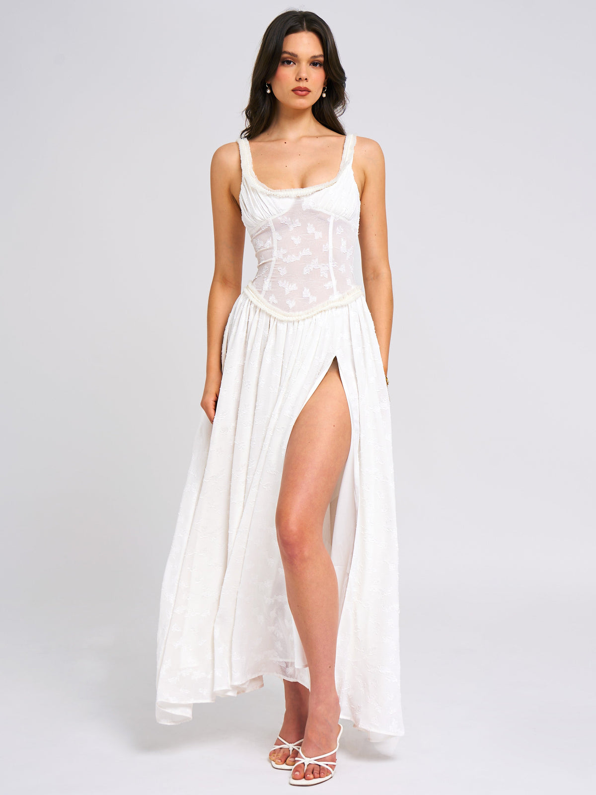 Floral Jacquard Bustier Scoop Neck Ruched Bodice High Slit Maxi Dress