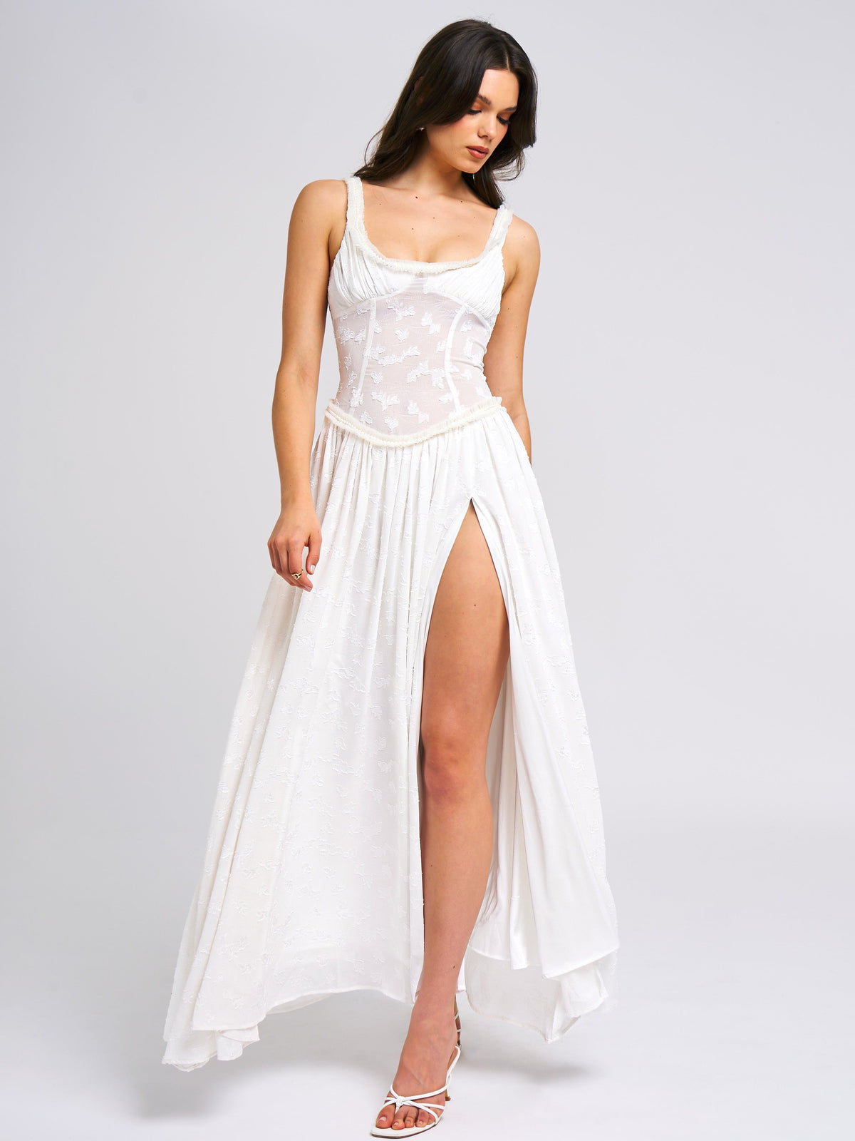 Ulissa White Square Neck Jacquard Trendy Textured High Slit Maxi Dress