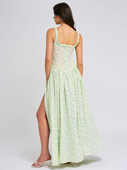 Floral Jacquard Bustier Scoop Neck Ruched Bodice High Slit Maxi Dress