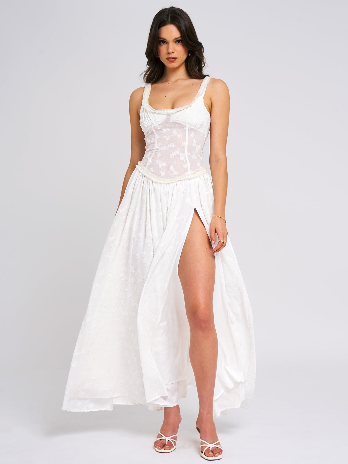 Ulissa White Square Neck Jacquard Trendy Textured High Slit Maxi Dress