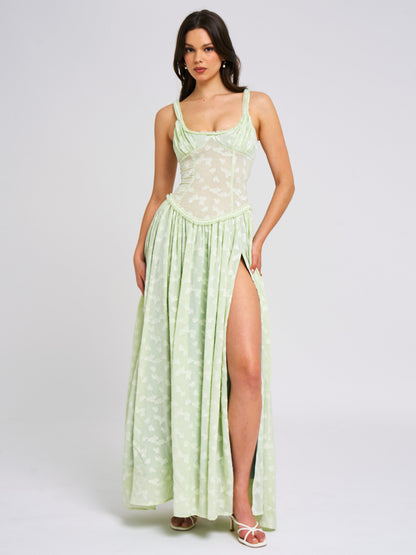 Ulissa Light Green Square Neck Trendy Jacquard Textured High Slit Maxi Dress