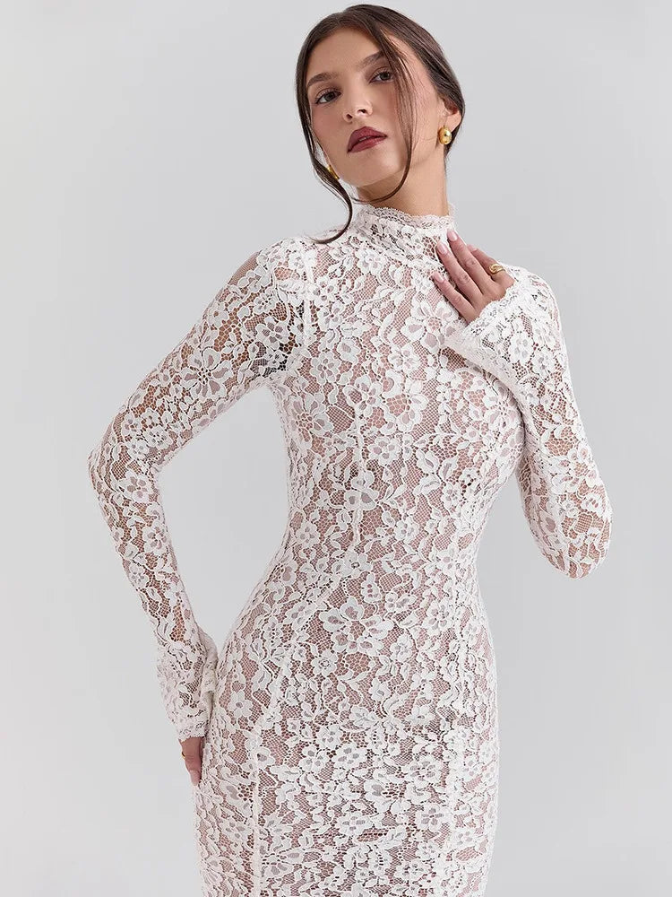 Elegant Lace Long Sleeve Bodycon Party Evening Dress Women 2025 New Autumn/Winter Tight Half High Neck Fishtail Dress