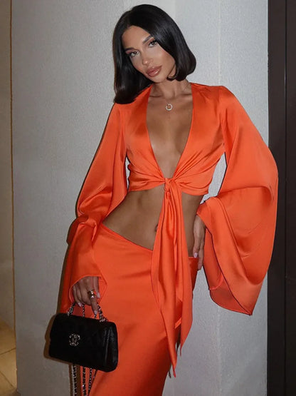 Elegant Satin Long Sleeved Long Skirt Women Set Women Lace Up Sexy V-neck Low Waist Solid Color Party Club Set
