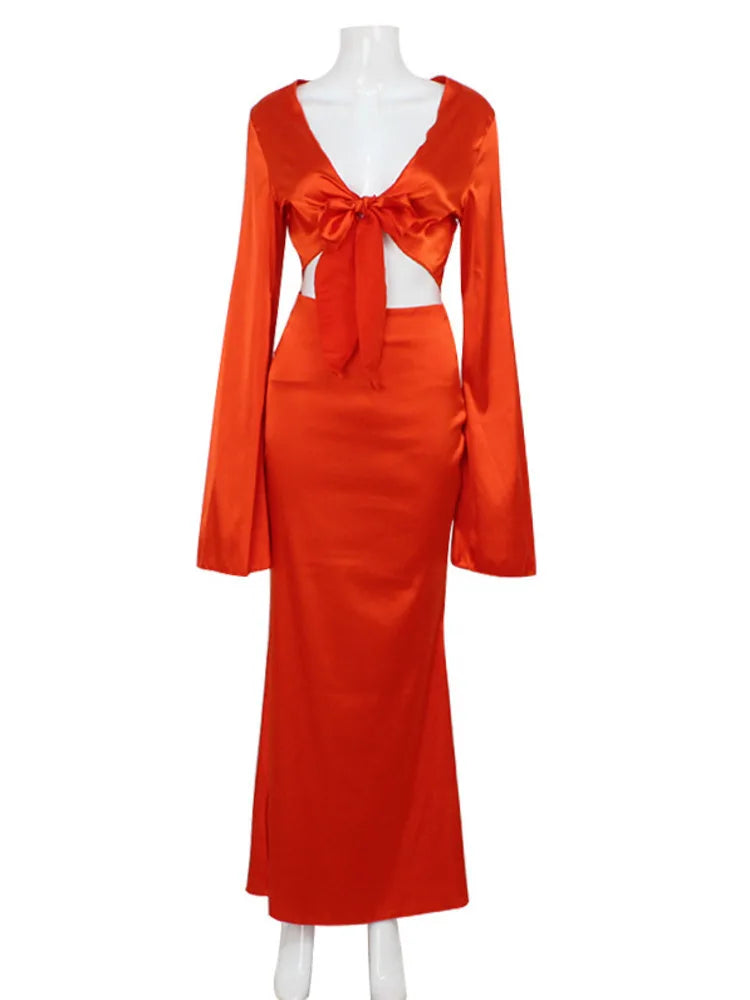Elegant Satin Long Sleeved Long Skirt Women Set Women Lace Up Sexy V-neck Low Waist Solid Color Party Club Set