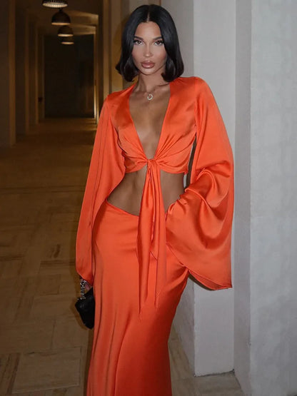 Elegant Satin Long Sleeved Long Skirt Women Set Women Lace Up Sexy V-neck Low Waist Solid Color Party Club Set