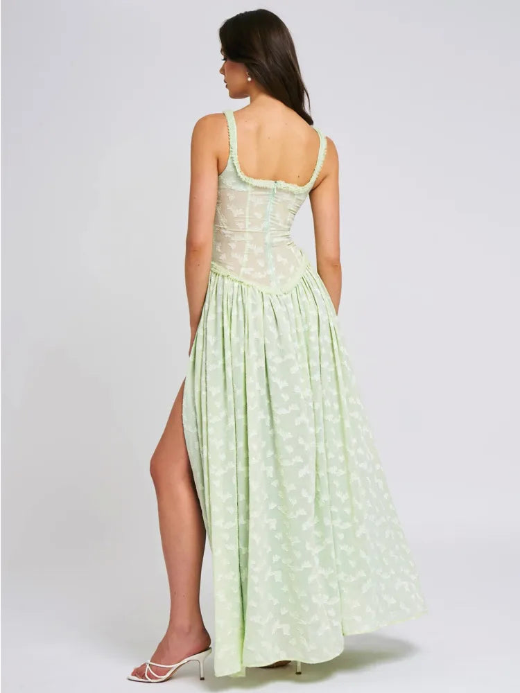 Elegant Sleeveless Lace Patchwork Zipper Split Dress Women Slim Maxi Vesidos Sexy Party Club Evening Dress Holiday