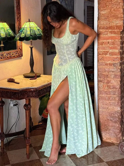 Elegant Sleeveless Lace Patchwork Zipper Split Dress Women Slim Maxi Vesidos Sexy Party Club Evening Dress Holiday