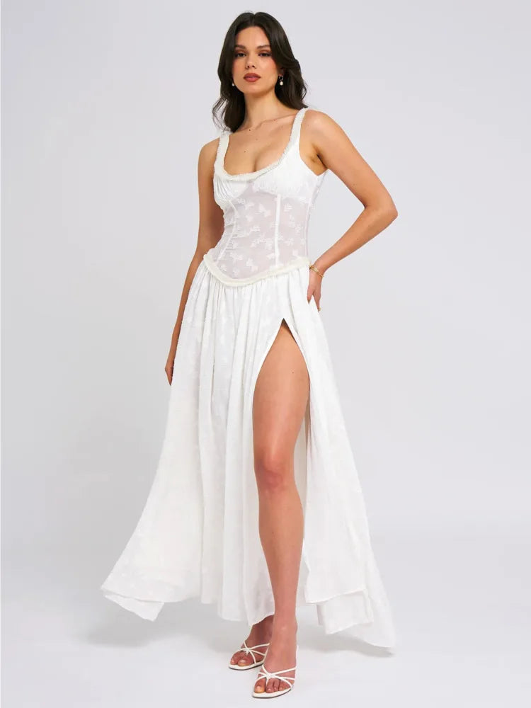 Elegant Sleeveless Lace Patchwork Zipper Split Dress Women Slim Maxi Vesidos Sexy Party Club Evening Dress Holiday