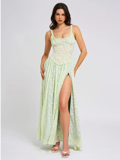 Elegant Sleeveless Lace Patchwork Zipper Split Dress Women Slim Maxi Vesidos Sexy Party Club Evening Dress Holiday
