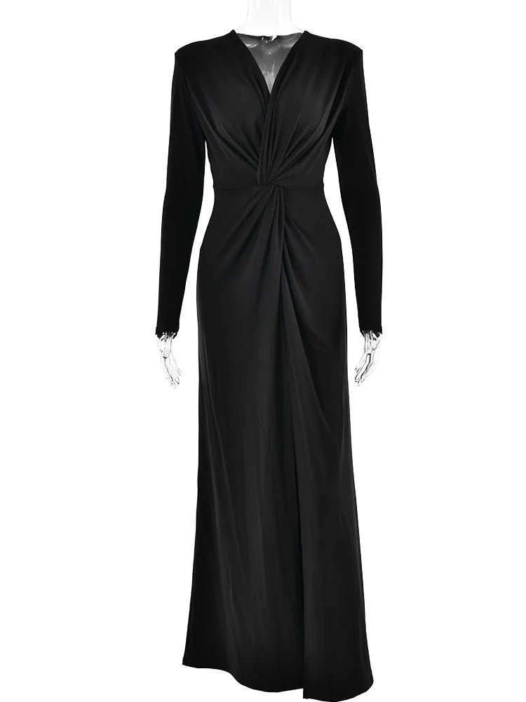 Sexy Deep V Long Sleeve Split Women’s Dress Folded Waist Maxi Female Bodycon Vestidos Elegant Party Club Evening Dress