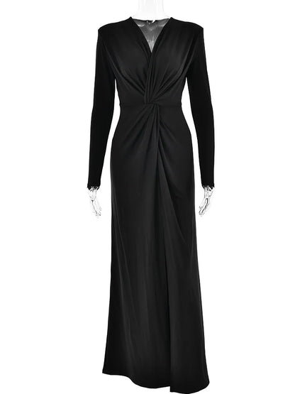 Sexy Deep V Long Sleeve Split Women’s Dress Folded Waist Maxi Female Bodycon Vestidos Elegant Party Club Evening Dress