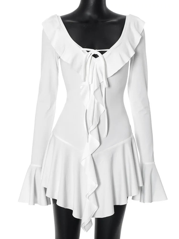 Sexy Deep V Ruffled Bodycon Short Skirt For Women Fall Ruffled Flared Sleeves Party Evening Dress Street Clothing