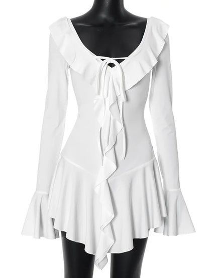 Sexy Deep V Ruffled Bodycon Short Skirt For Women Fall Ruffled Flared Sleeves Party Evening Dress Street Clothing