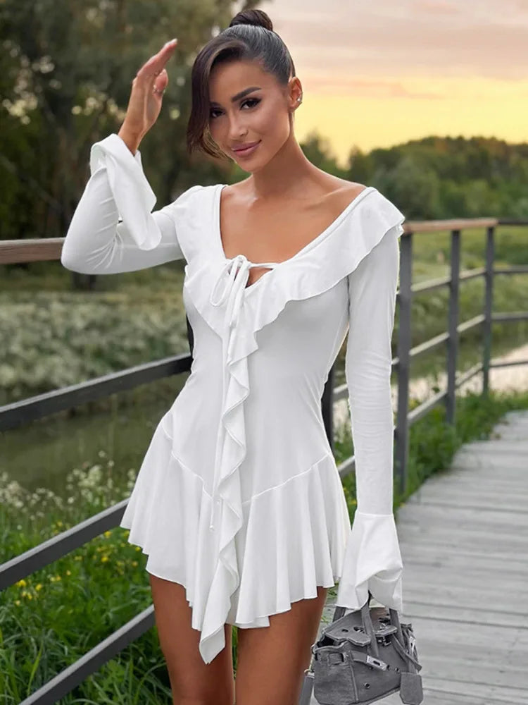 Sexy Deep V Ruffled Bodycon Short Skirt For Women Fall Ruffled Flared Sleeves Party Evening Dress Street Clothing
