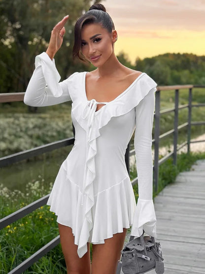 Sexy Deep V Ruffled Bodycon Short Skirt For Women Fall Ruffled Flared Sleeves Party Evening Dress Street Clothing