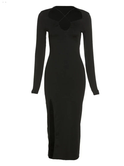 Long Sleeve Criss Cross Strap Plunge Neck Side Slit Bodycon Midi Dress