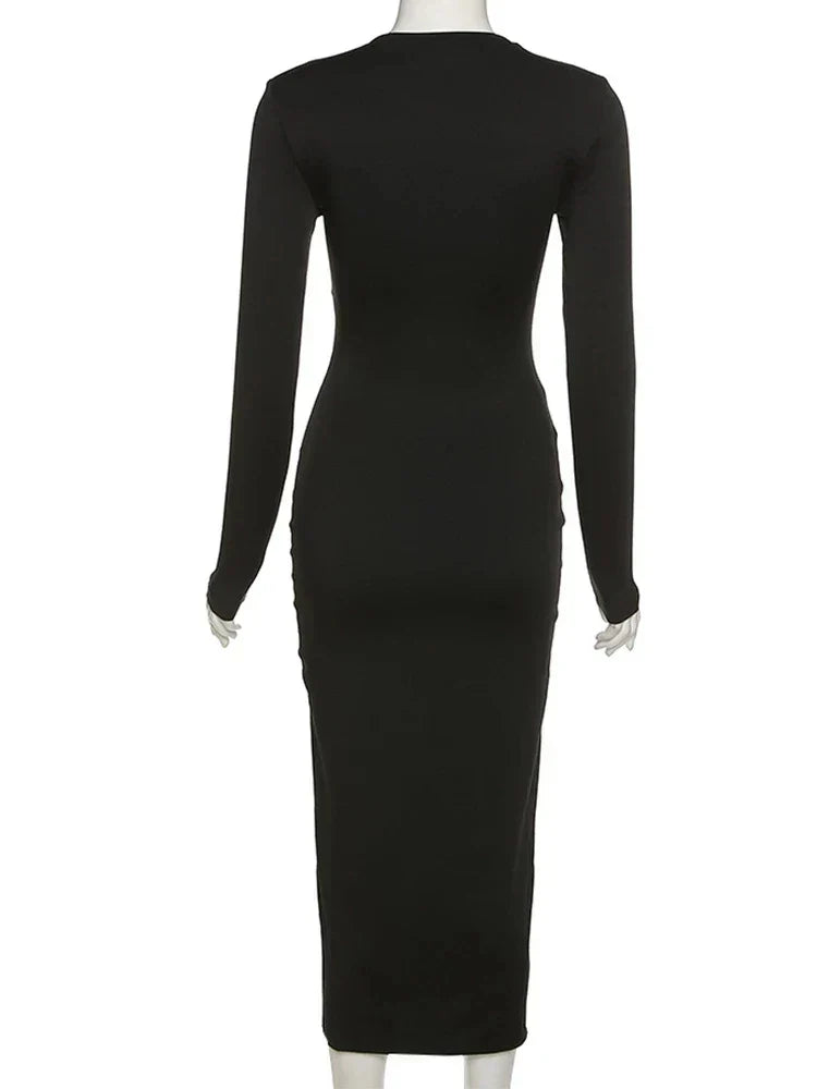 Sweetheart Plunge Criss Cross Strap Long Sleeve High Slit Maxi Dress