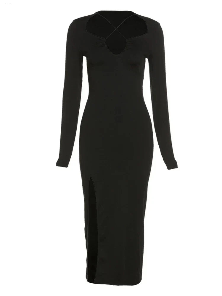 Sweetheart Plunge Criss Cross Strap Long Sleeve High Slit Maxi Dress