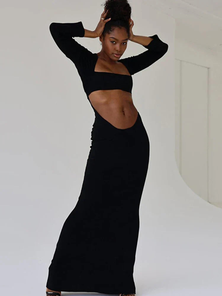 Square Neck Long Sleeve Midriff Cut Out Bodycon Maxi Dress