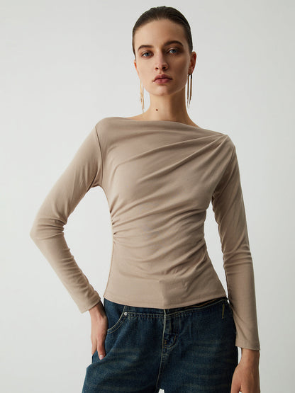 Oatmeal Ruched Graceful Long Sleeve Top