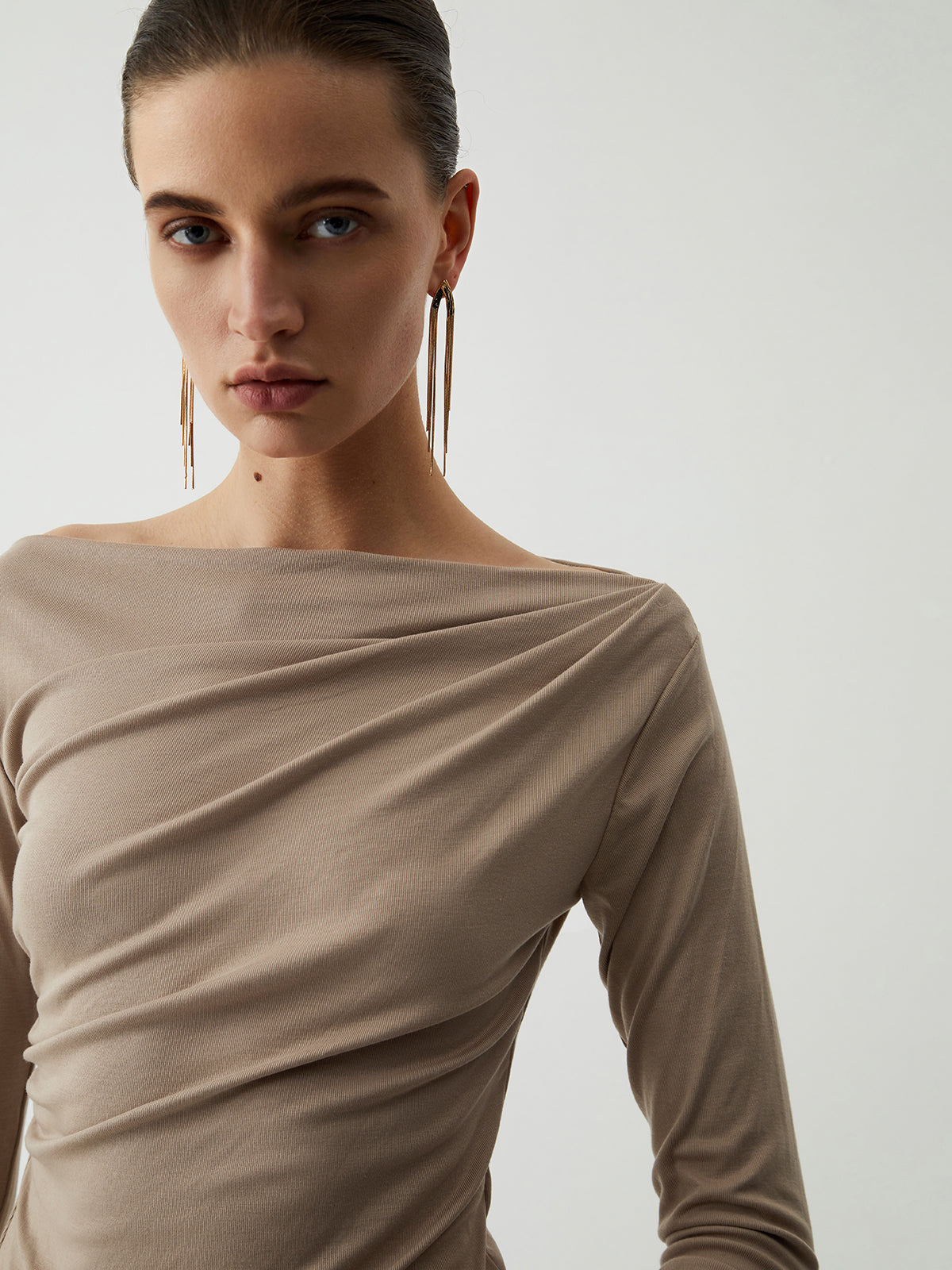 Oatmeal Ruched Graceful Long Sleeve Top