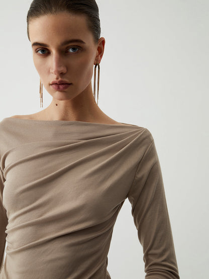 Oatmeal Ruched Graceful Long Sleeve Top