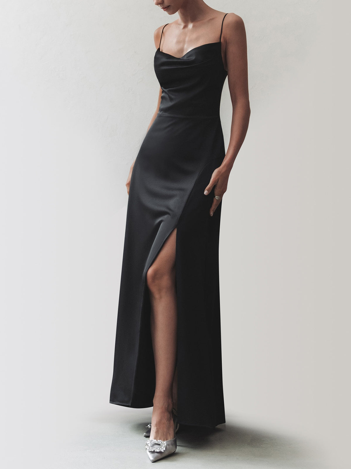 Cowl Neck Satin Trendy Slit Long Dress