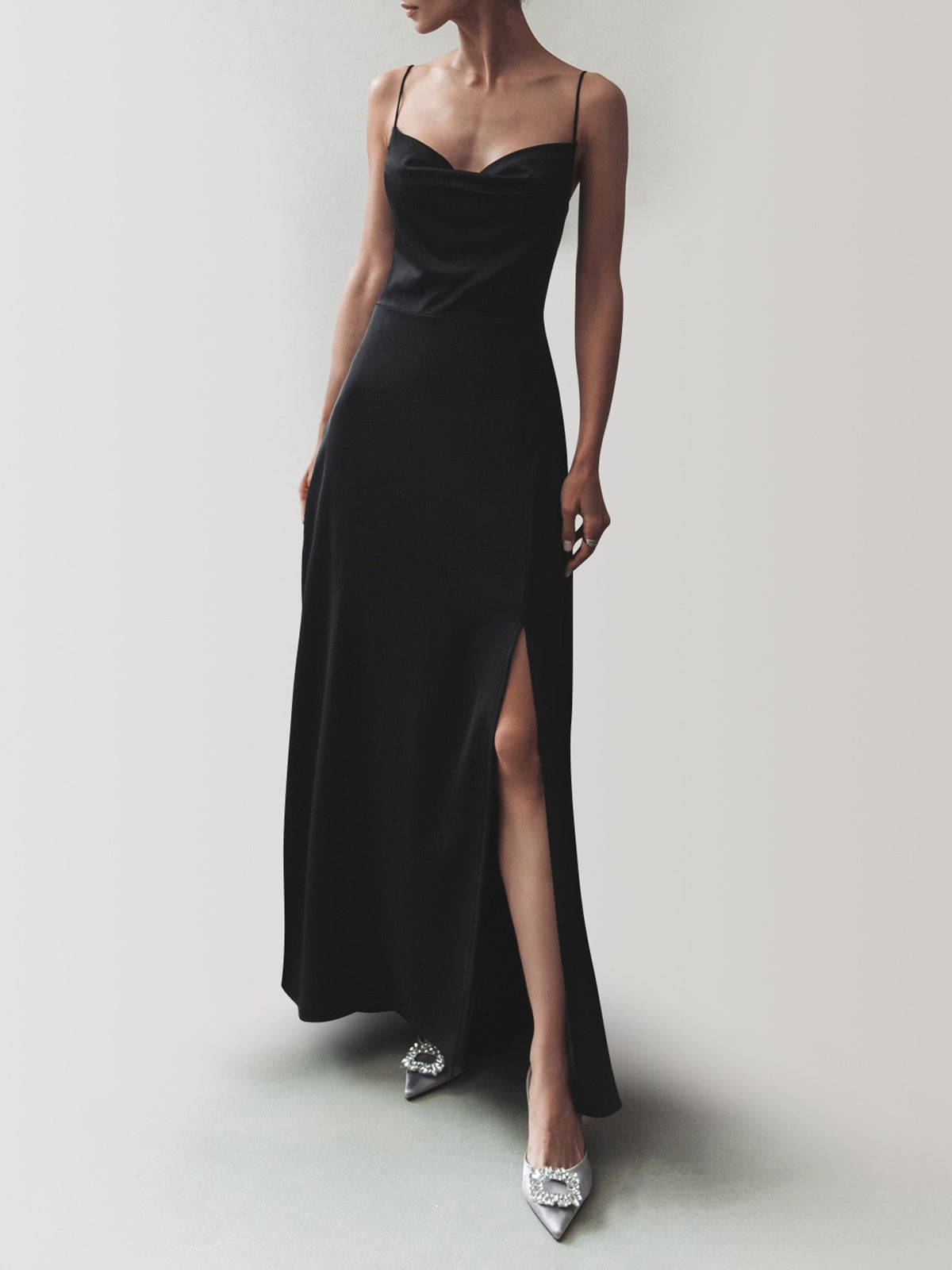 Cowl Neck Satin Trendy Slit Long Dress