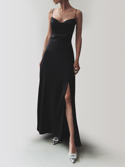 Cowl Neck Satin Trendy Slit Long Dress