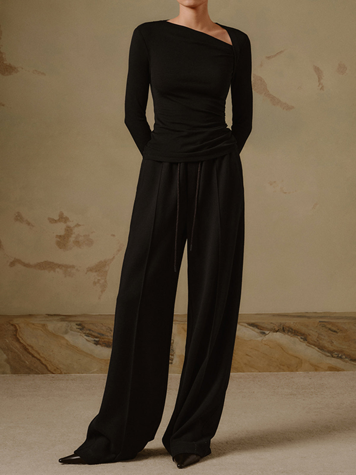 Ribbed Knit Long Trendy Sleeve Asymmetric Shirt