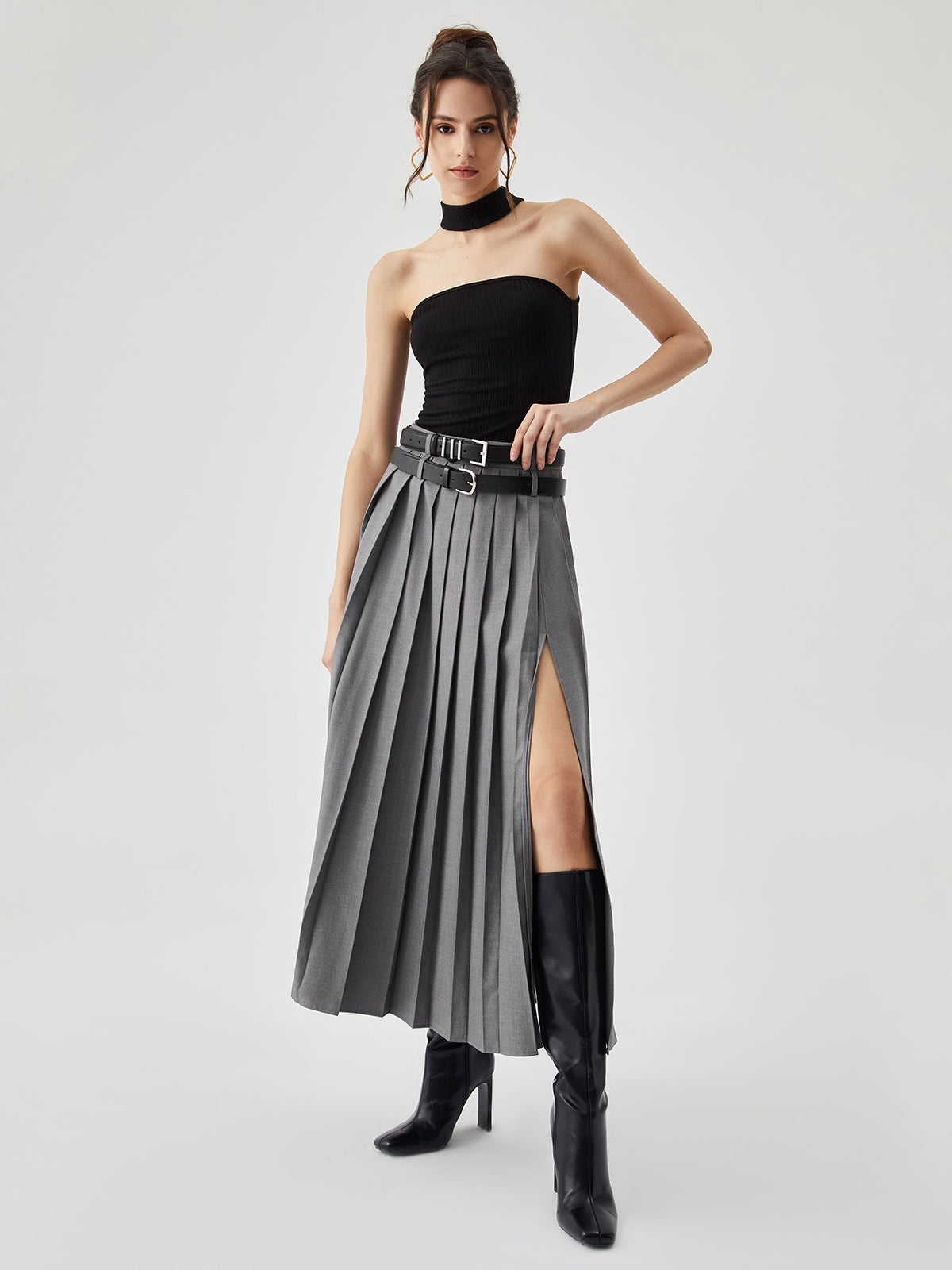 Pleated Split Maxi Trendy Skirt
