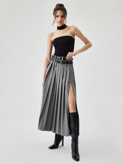 Pleated Split Maxi Trendy Skirt